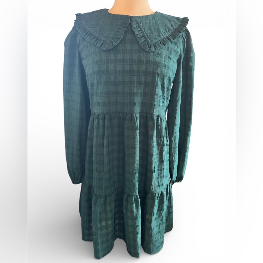 Violet Romance Green Plaid Collared Smock Tiered Mini Dress Size 8 - Picture 3 of 10
